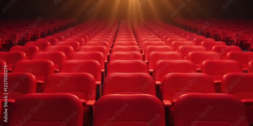 Rows of Vibrant Red Seats in a Darkened Auditorium Awaiting an Audience for a Performance Rows of Vibrant Red Seats in a Darkened Auditorium Awaiting an Audience for a Performance