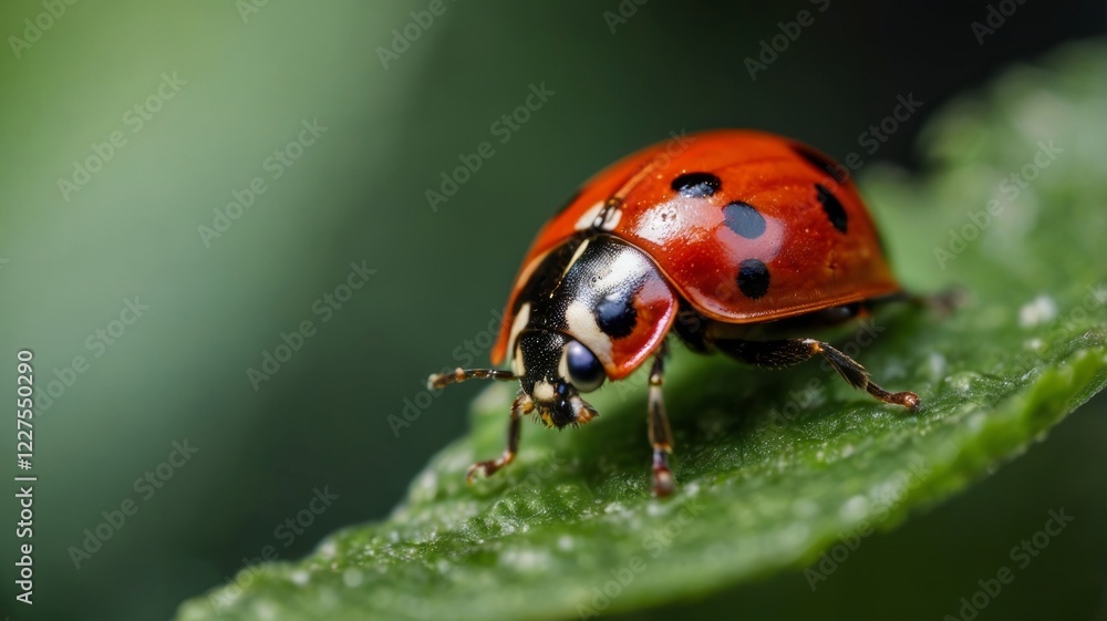 A close-up of a vibrant ladybug resting on a green leaf, showcasing its bright red shell with black spots. A close-up of a vibrant ladybug resting on a green leaf, showcasing its bright red shell with black spots.