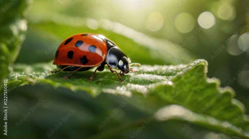 A realistic depiction of a ladybug crawling on a leaf, captured in a natural setting with soft sunlight filtering through the trees. A realistic depiction of a ladybug crawling on a leaf, captured in a natural setting with soft sunlight filtering through the trees.