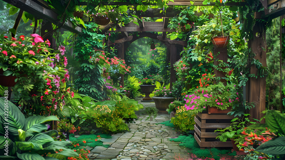 Naklejka premium Sustainable and Creative Outdoor Gardening Space: Inviting Wonder with Eclectic Flora