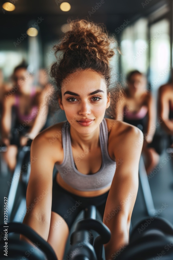 Fototapeta premium people doing cycling training in class in gym.