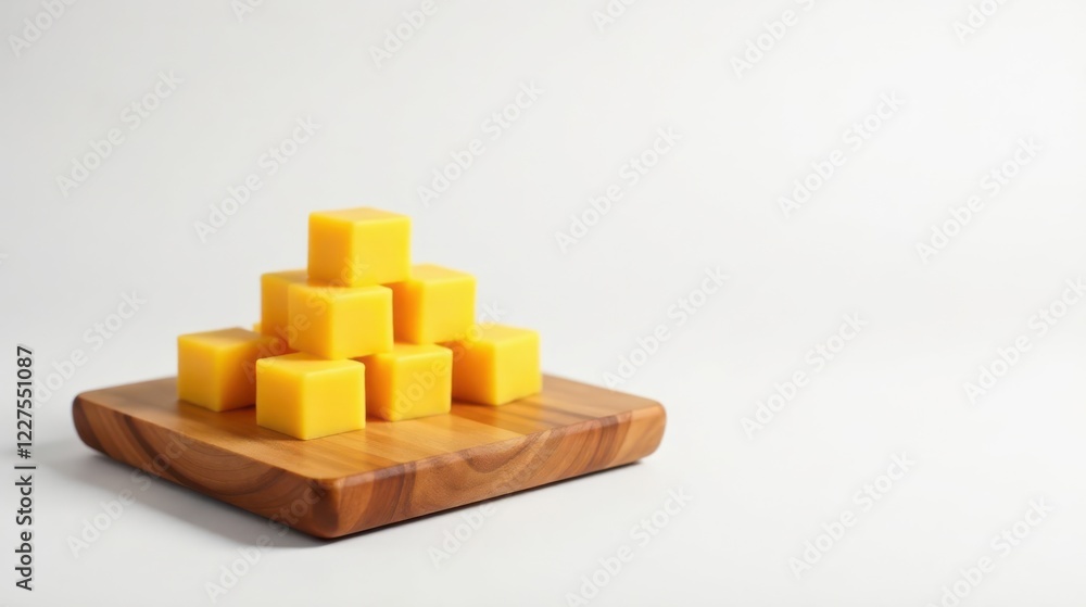 A pyramid of vibrant yellow cheese cubes artfully arranged on a smooth wooden board, against a clean white background. A pyramid of vibrant yellow cheese cubes artfully arranged on a smooth wooden board, against a clean white background.