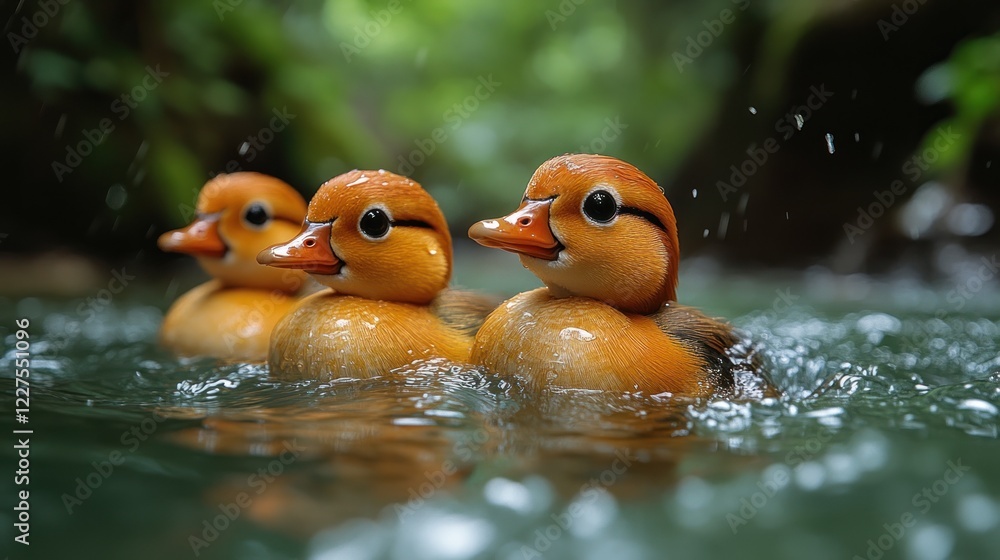 Three adorable orange ducklings swim in a row through clear water in nature Three adorable orange ducklings swim in a row through clear water in nature