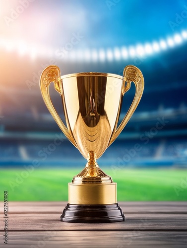 Golden Trophy on Wooden Table - A gleaming gold trophy sits on a wooden surface, with a blurred stadium background suggesting victory and achievement. photo