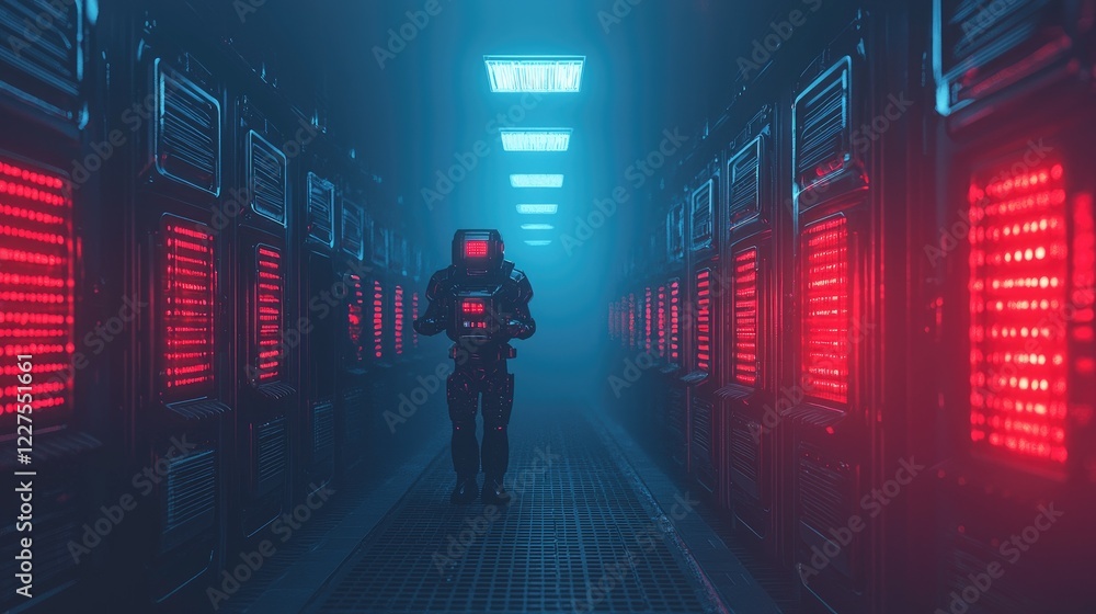 Fototapeta premium Futuristic Server Room, Cyborg Technician, Neon Lights, Data Center, Sci-Fi Background