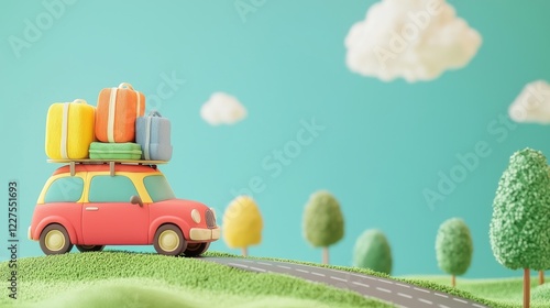 Cute 3d clay cartoon vintage car with colorful luggage on the roof driving through a scenic landscape, symbolizing travel, adventure, and vacation joy