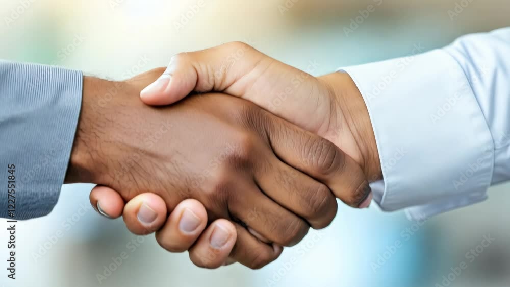 Two men engage in a firm handshake during a corporate meeting at office environment, symbolizing agreement and business partnership Two men engage in a firm handshake during a corporate meeting at office environment, symbolizing agreement and business partnership