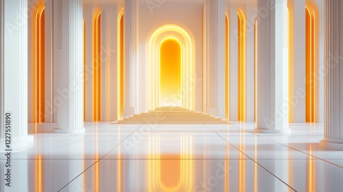 Futuristic hall with glowing pillars and grand steps in white and gold, symbolizing innovation, progress, and modern architecture
