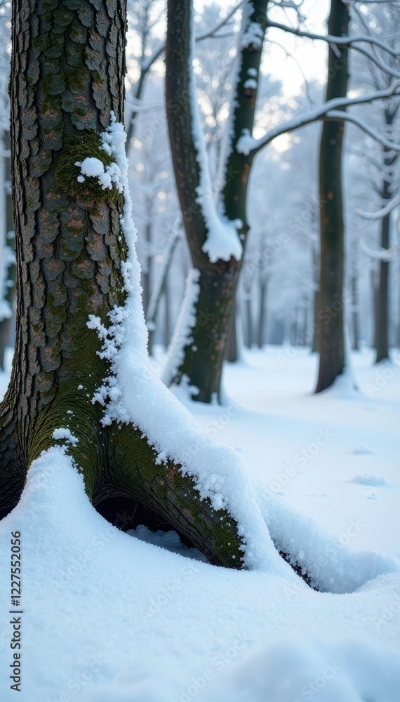 Twisted tree trunks covered in thick layers of white snow and overgrown with moss, cold, trees, frost Twisted tree trunks covered in thick layers of white snow and overgrown with moss, cold, trees, frost