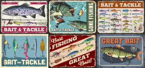 Vintage fishing advertisements with lures and fish