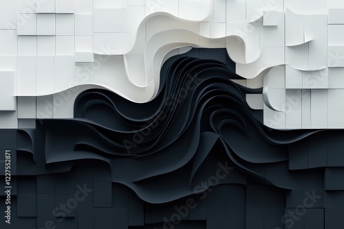 This image showcases a captivating blend of black and white fluid shapes that create a dynamic and engaging visual experience filled with motion and form.