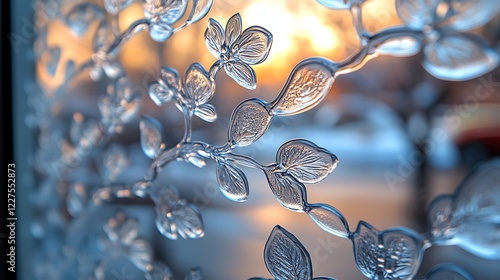 Frosted Glass Leaves: A delicate pattern of frosted glass leaves etched on a window pane creates a captivating interplay of light and shadow, transforming a mundane surface into a work of art. photo