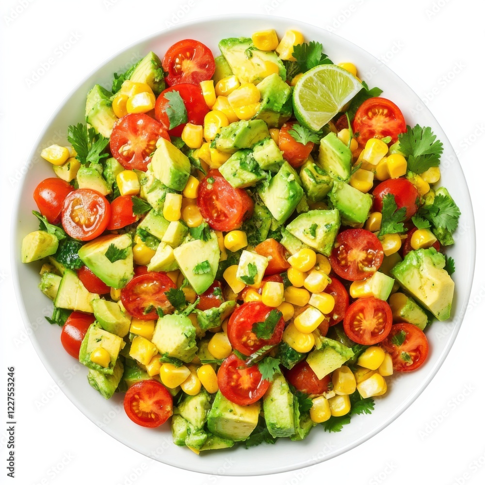A vibrant corn and avocado salad with cherry tomatoes and cilantro lime dressing, isolated white background, realistic art style A vibrant corn and avocado salad with cherry tomatoes and cilantro lime dressing, isolated white background, realistic art style