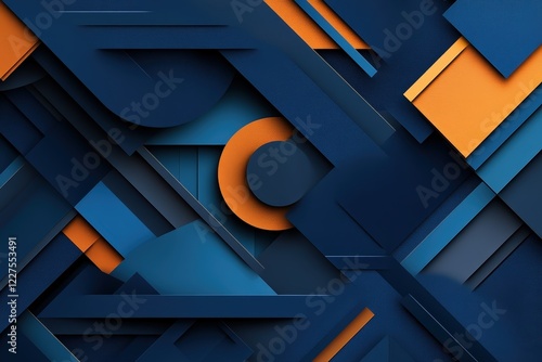 An intricate abstract design featuring geometric shapes in dark blue and orange hues creates a striking visual appeal that captivates the viewer's attention and imagination.
