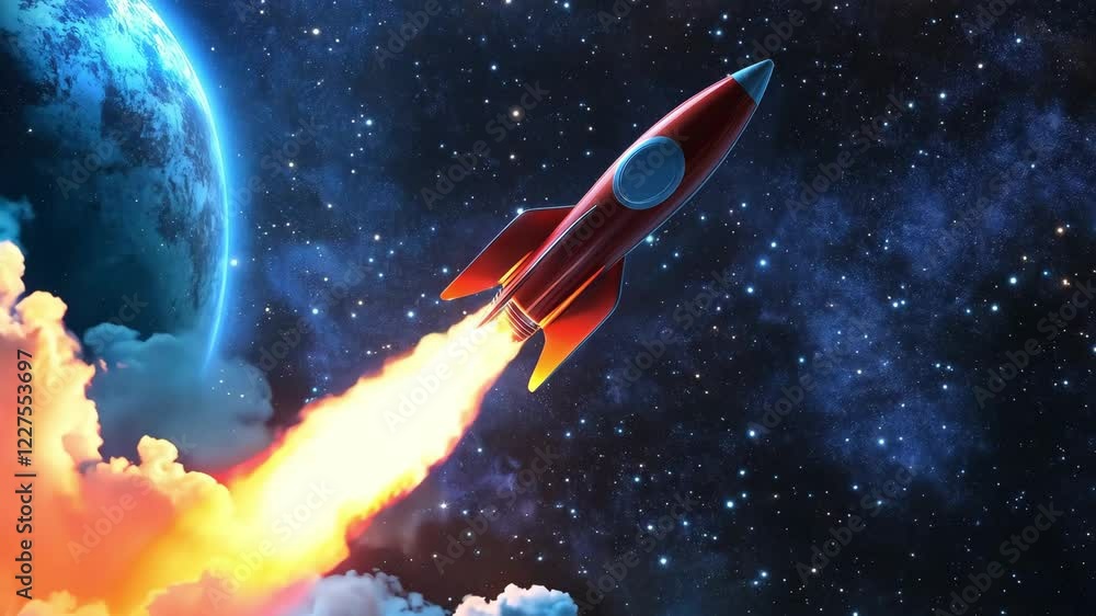 A colorful rocket ascends through the clouds and ignites its engines, leaving a trail of flames amid the starry universe A colorful rocket ascends through the clouds and ignites its engines, leaving a trail of flames amid the starry universe