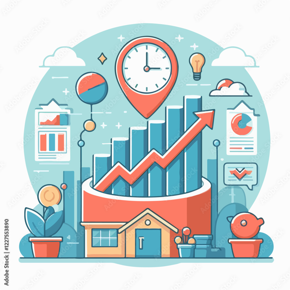 Naklejka premium vector illustration of a modern building with business icons