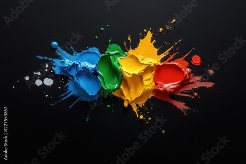 Vivid splashes of paint in blue, green, yellow, red, and white create a dynamic and colorful visual that evokes creativity and emotion against a dark backdrop.