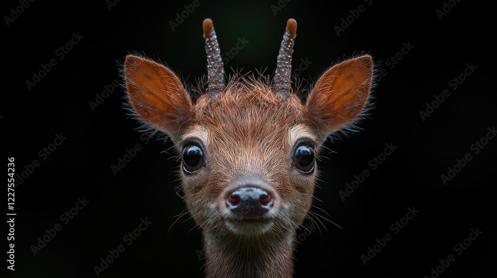 Fototapeta premium Adorable young deer portrait, forest background, wildlife photography, nature print