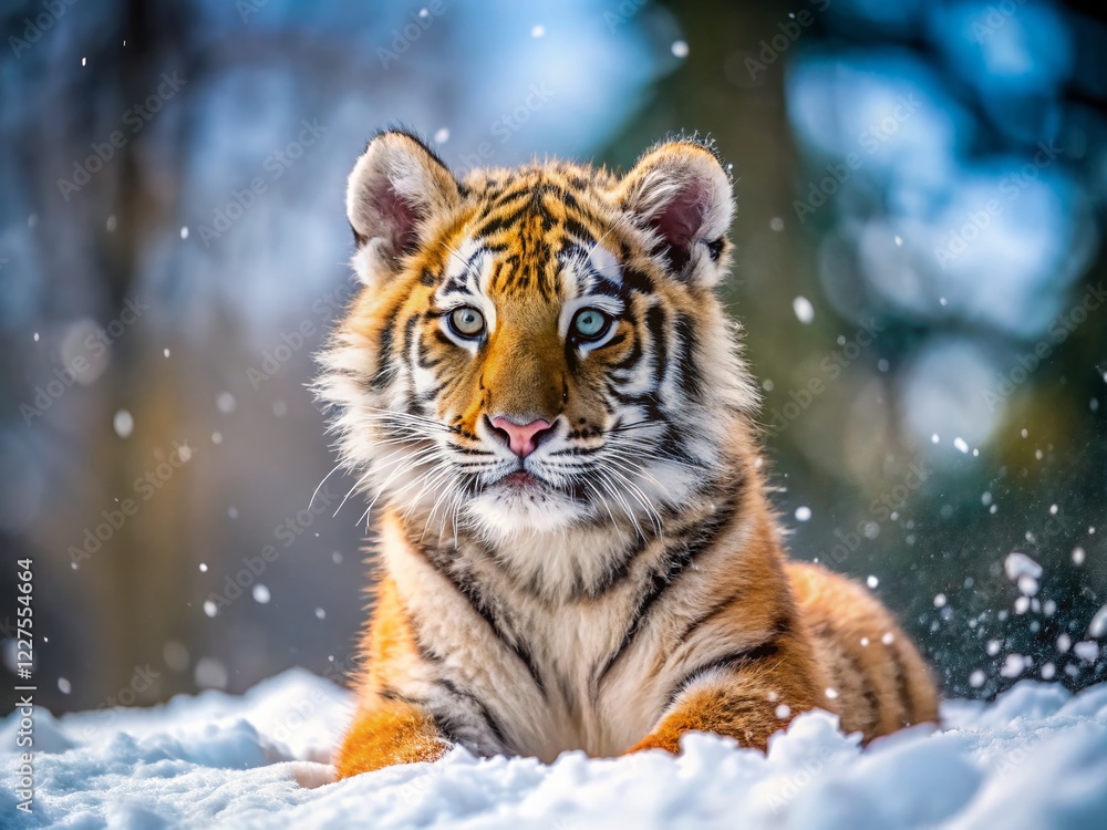 Adorable Siberian Tiger Cub Playing in Snowy Wilderness - Winter Wildlife Stock Photo Adorable Siberian Tiger Cub Playing in Snowy Wilderness - Winter Wildlife Stock Photo