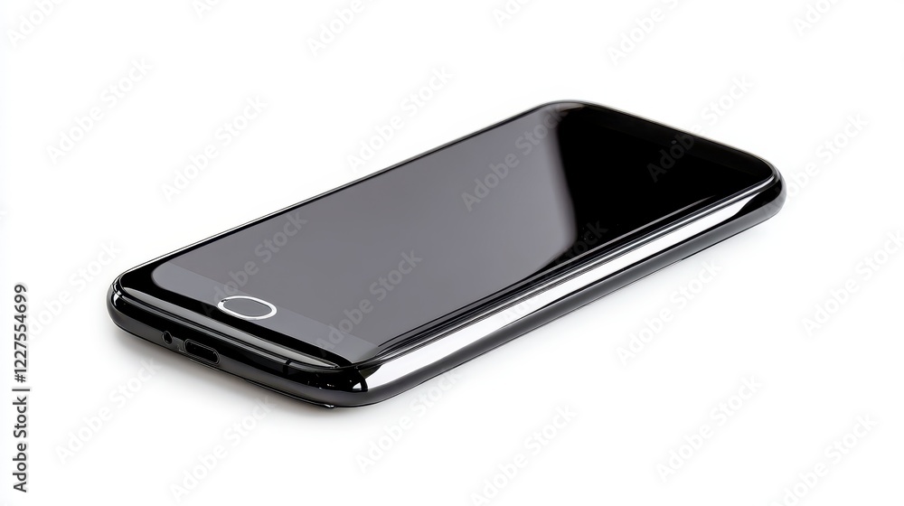 Sleek Black Smartphone on a White Background with Reflective Surface Sleek Black Smartphone on a White Background with Reflective Surface