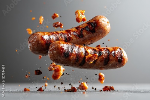Two juicy grilled sausages captured mid-air with flavorful splashes, embodying the essence of outdoor cooking and the joy of culinary experience.
