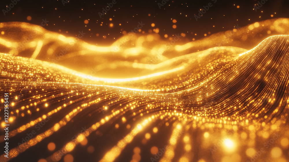 Obraz premium Abstract golden waves of light and particles creating a mesmerizing digital landscape at dusk