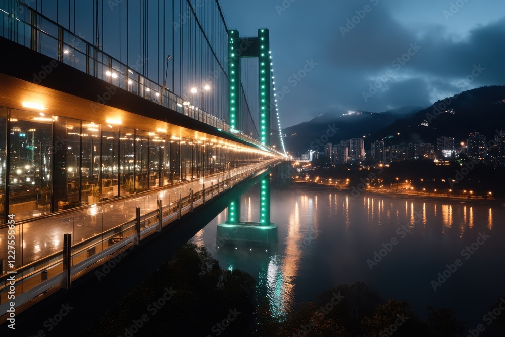 Naklejka premium An exquisite view where a well-lit bridge stretches over reflective waters, encapsulating the beauty of urban architecture harmonized with nighttime serenity.