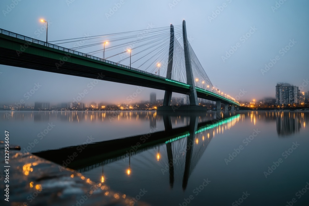 A serene image of a modern bridge surrounded by fog, mirrored in the still waters below, conveying a sense of calm and tranquility in an urban setting. A serene image of a modern bridge surrounded by fog, mirrored in the still waters below, conveying a sense of calm and tranquility in an urban setting.