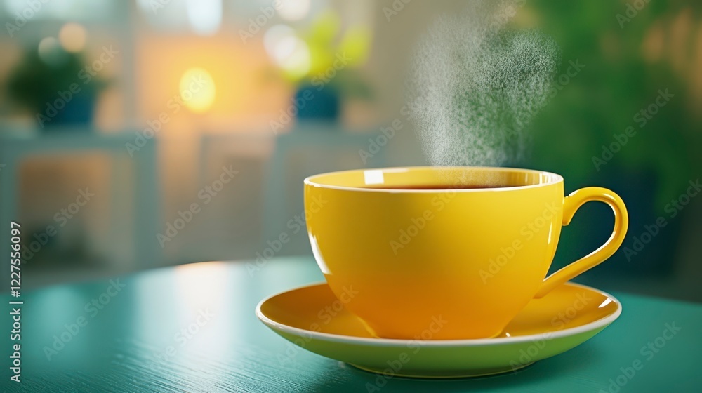 Steaming Yellow Coffee Cup on Saucer with Soft Background Lights Steaming Yellow Coffee Cup on Saucer with Soft Background Lights
