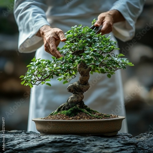 Gardener Tending Bonsai Tree with Careful Precision in Zen like Focus photo