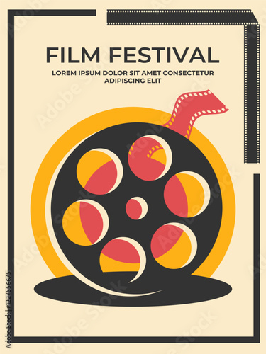 Film festival poster decorated with film reel with wavy ribbon. Vintage movie film poster design. Vector illustration