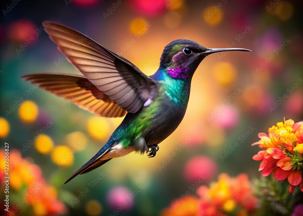 Fototapeta premium Adorable Tiny Black Hummingbird with Bokeh Background - Wildlife Photography