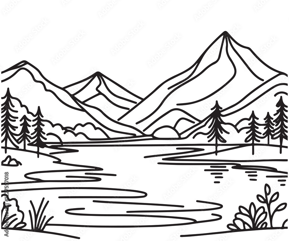 Fototapeta premium Line black sketch doodles simple landscape with lake