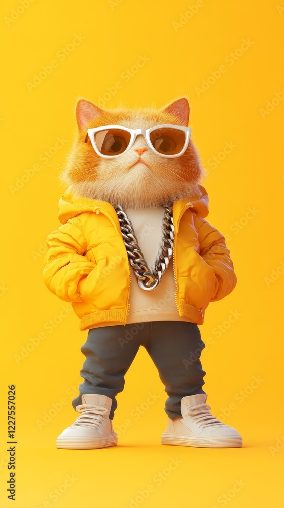 Fototapeta premium A fashionable cat stands upright wearing trendy sunglasses and a yellow jacket with a thick chain around its neck.