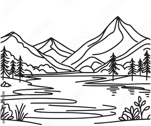 Line black sketch doodles simple landscape with lake