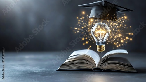 Open book with a glowing light bulb and graduate cap depicting knowledge, innovation, and academic success in a conceptual photo.
