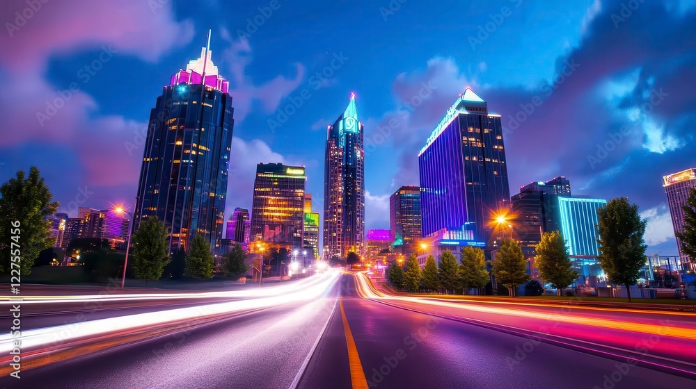Obraz premium Vibrant City Skyline at Night with Colorful Lights and Traffic Flow