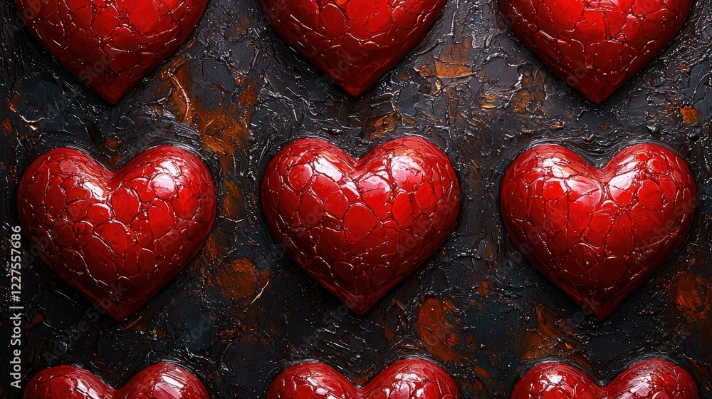 Fototapeta premium Red Hearts Art Pattern on Dark Background