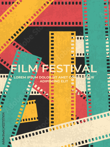 Retro film festival poster template design with colored film strips grunge background. Movie film cinema concept. Vector illustration