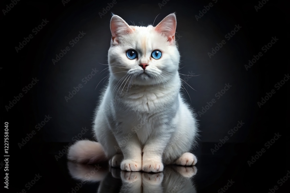 Obraz premium Adorable White British Shorthair Cat with Striking Blue Eyes - Minimalist Black Background Stock Photo