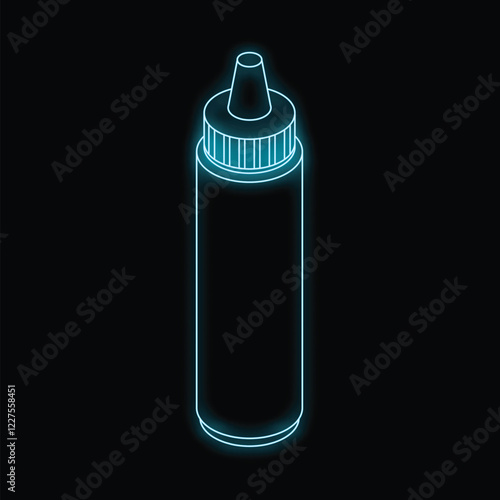 Neon blue contour of a plastic squeeze bottle with a spout lid glowing on a black background