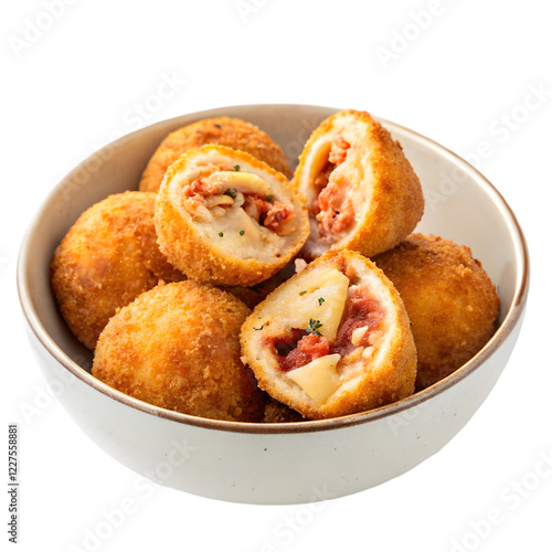 Crispy croquettes arrange on a white bowl