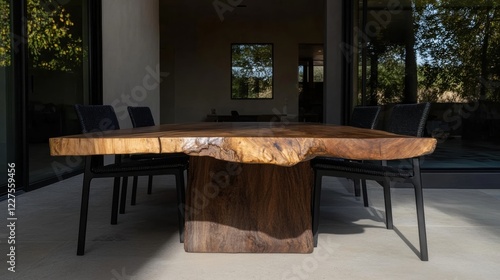 A close-up of a luxurious live-edge wooden dining table in a spacious modern home, showcasing its unique organic shape and quality craftsmanship, paired with stylish chairs. photo