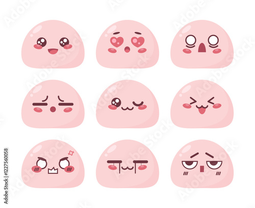 Cute mochi character manga emoji set. Japanese sweet rice cake cartoon mascot emoji icons. Vector illustration