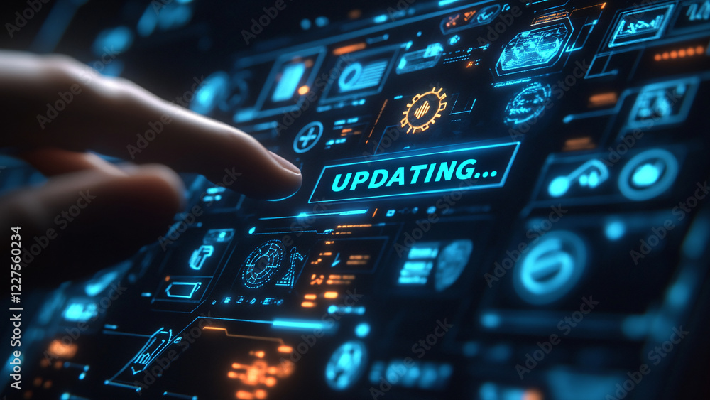 Close-up of a persons finger touching a button on a digital interface showcasing interaction with technology innovation and modern user experience in a high-resolution setting Close-up of a persons finger touching a button on a digital interface showcasing interaction with technology innovation and modern user experience in a high-resolution setting