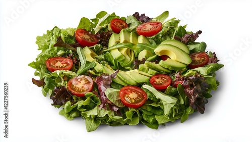 Ultra-realistic image of a fresh green salad with mixed greens, sliced avocado, cherry tomatoes, and a light vinaigrette