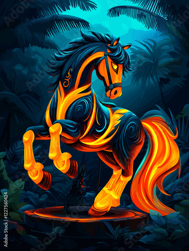 Stylized horse illustration with fiery colors, fantasy design, vibrant artwork.