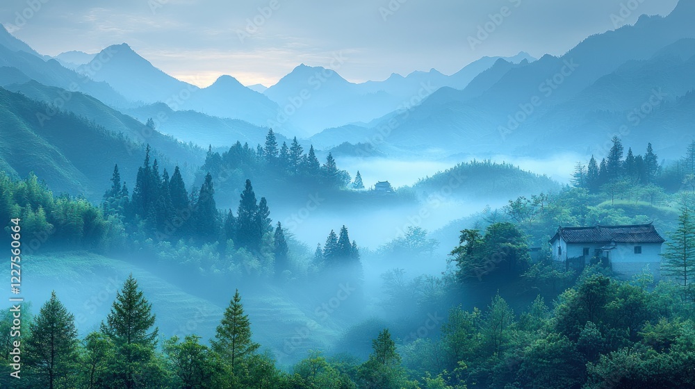 Obraz premium Serene Misty Mountain Village Houses and Trees