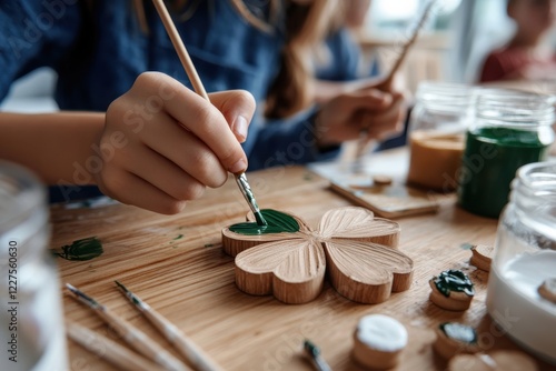 A close-up of a child’s hand painting a wooden clover, signifying creativity and personal expression through craft, while inspiring a connection to nature and imagination. photo