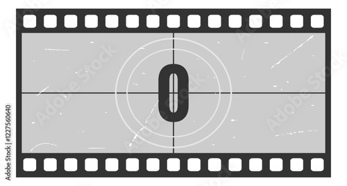 Vintage movie countdown filmstrip frame with number 0. Old movie timer counter in filmstrip. Retro cinema vector number count background with grunge texture